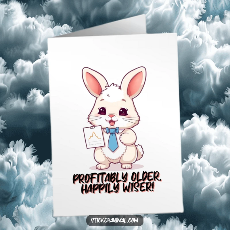 Funny Free Printable Bunny in a Tie Holding a Tiny Graph Card - Dapper rabbit celebrates a birthday.
