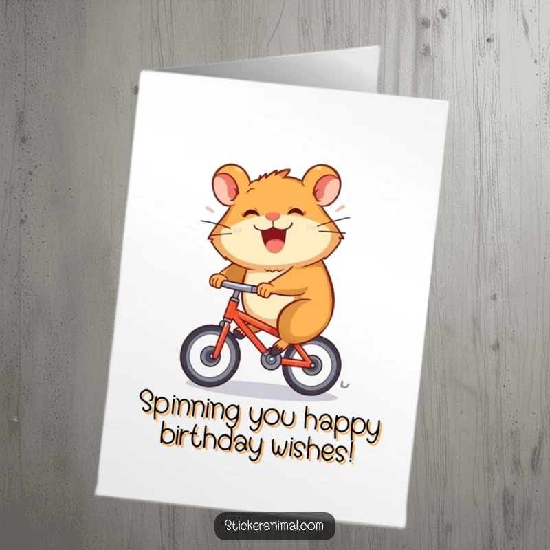 Funny free printable birthday card featuring a grinning hamster spinning wildly on a tiny bicycle, perfect for a high-energy celebration.