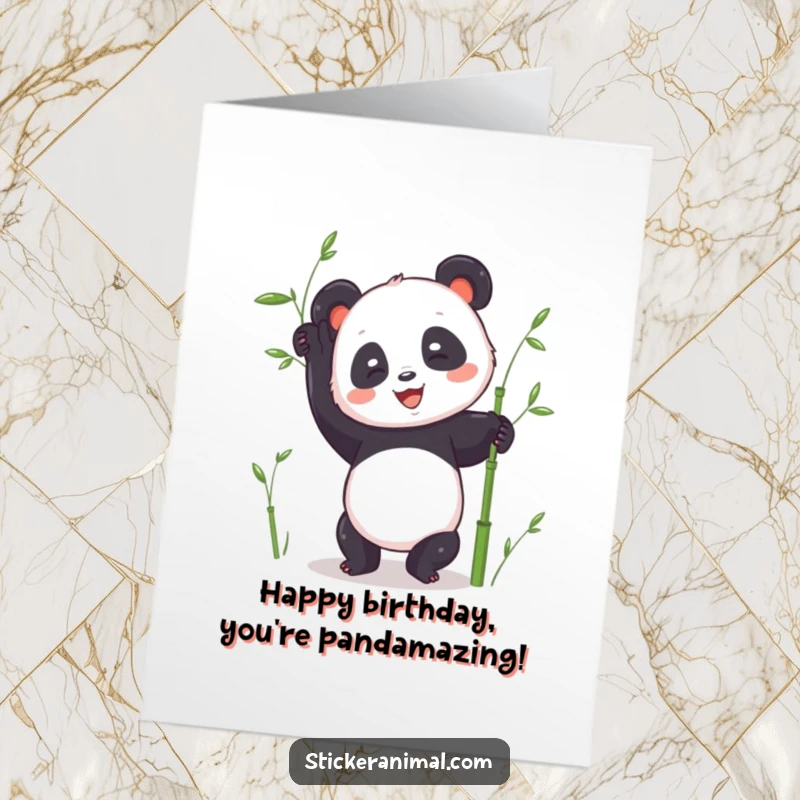 Funny Free Printable Birthday Card: A happy panda balances in a handstand surrounded by bamboo stalks.