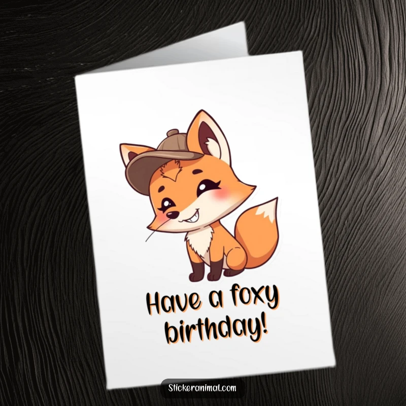 Funny Free Printable Birthday Card: A grinning fox in a detective hat sniffs the air, seeking birthday fun and surprises.