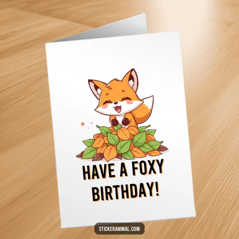 Funny Free Printable Birthday Card: An energetic fox leaping joyfully into a big pile of colorful autumn leaves.