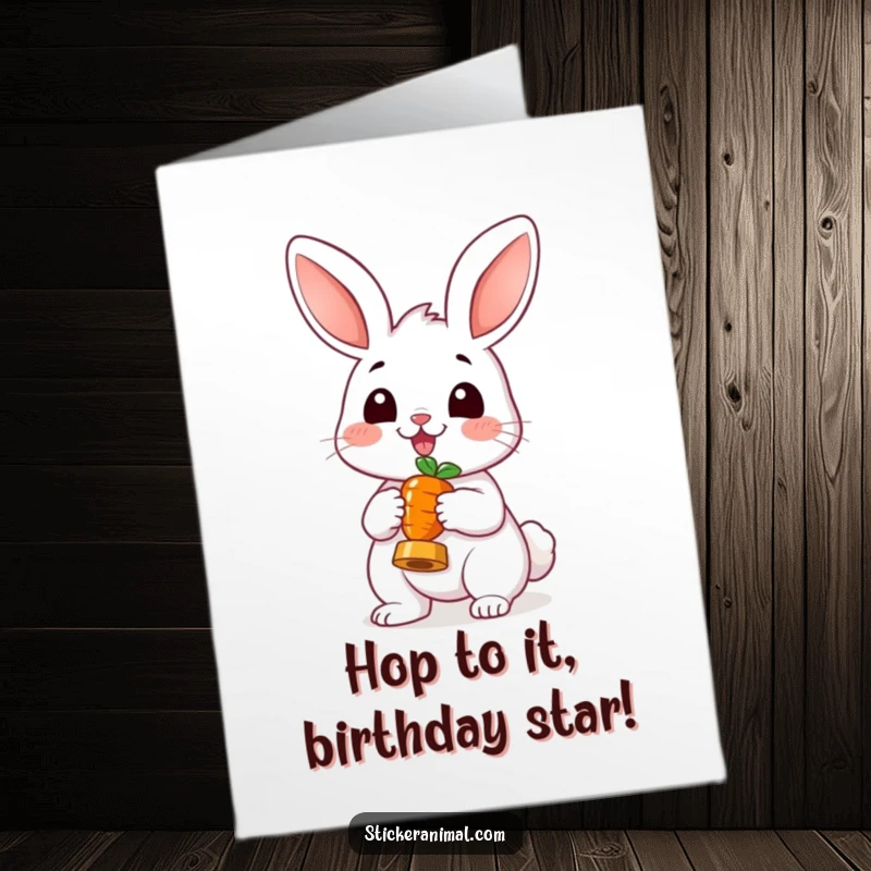 Funny Free Printable Birthday Card: A cheerful rabbit holding a tiny carrot like a trophy, celebrating a win.