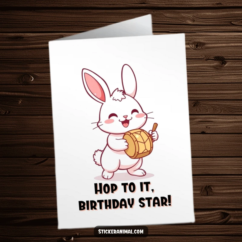 Funny Free Printable Birthday Card: A happy bunny with twitching ears joyfully bangs a tiny drum, setting a festive rhythm.