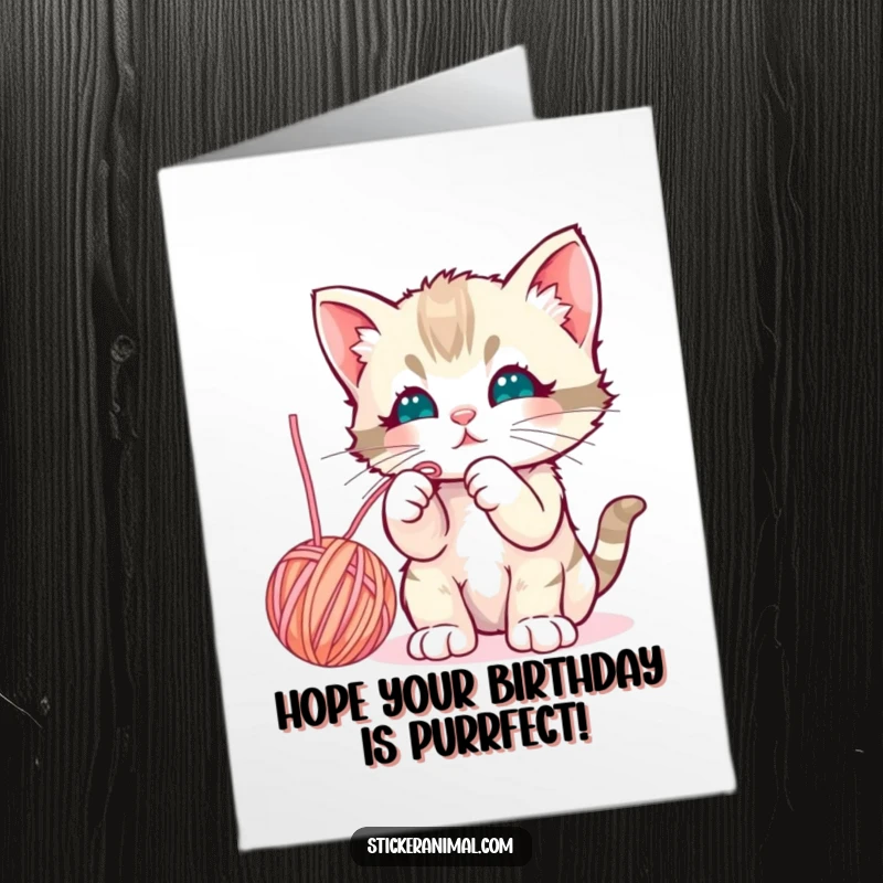 Funny Free Printable Birthday Card: A curious kitten playfully bats at a dangling yarn ball, full of birthday mischief.
