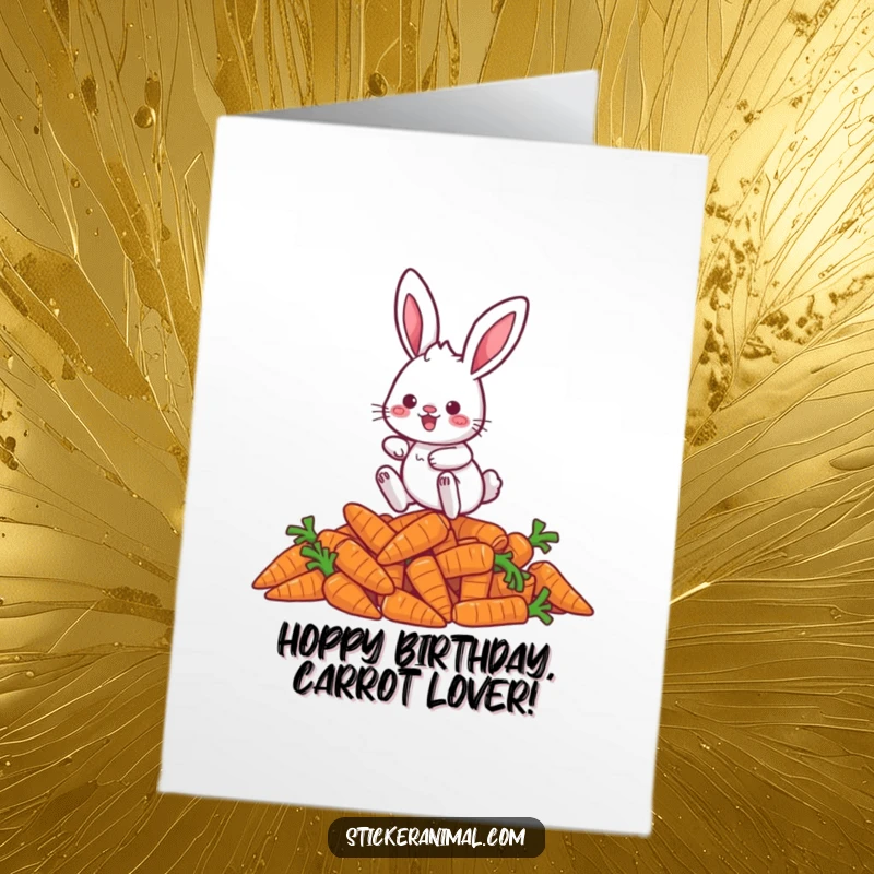 Funny Free Printable Birthday Card: A playful rabbit character mid-hop over a mountain of delicious carrots.
