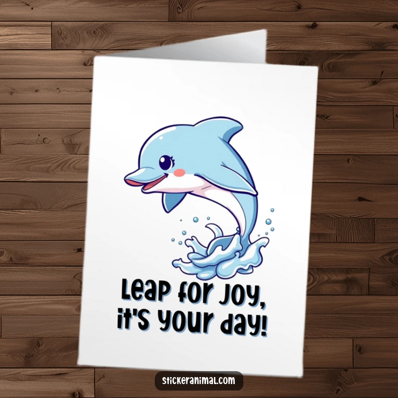 Funny Free Printable Happy Birthday card featuring an energetic dolphin leaping joyfully out of sparkling blue water, full of life.