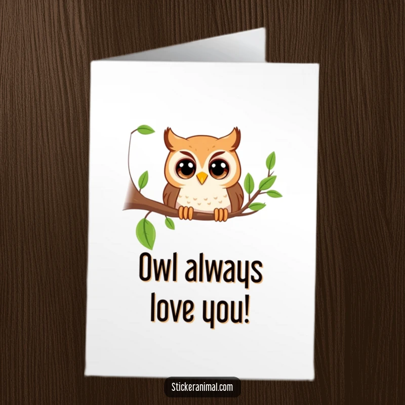 Funny Free Printable Birthday Card: Playful owl with wide, curious eyes peeking from a branch, offering birthday wishes.