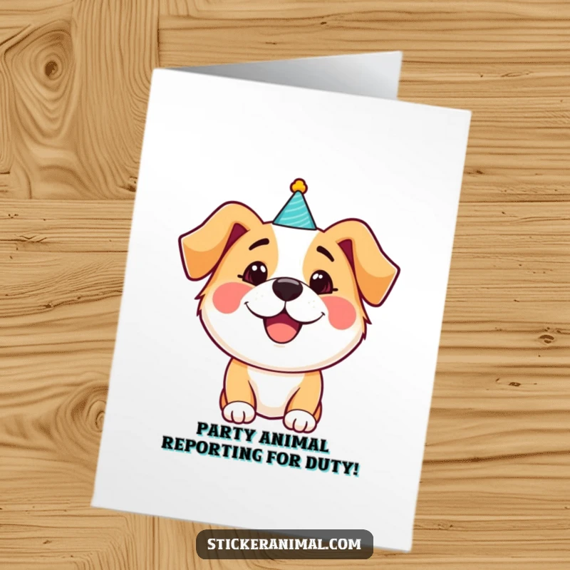 Funny Free Printable Birthday Card: Happy dog sporting a tiny, jaunty party hat, ready to celebrate with wagging tails.