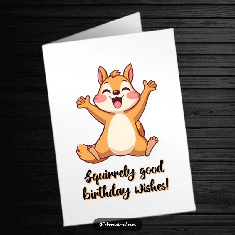 Funny Free Printable Birthday Card: Joyful squirrel doing a celebratory leap, spreading cheer and good vibes for a happy occasion.
