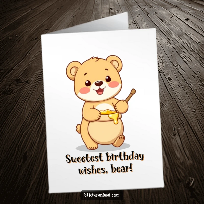 Funny Free Printable Birthday Card: A cheerful bear cub wobbling happily while balancing a overflowing honey pot on its head.