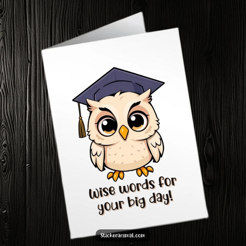 Funny Free Printable Birthday Card: An owl with huge, surprised eyes wearing a graduation cap, ready for birthday fun.