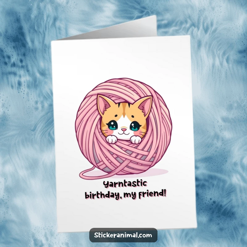 Funny Free Printable Birthday Card featuring a curious cat peeking from behind a massive yarn ball, ready to pounce on fun.