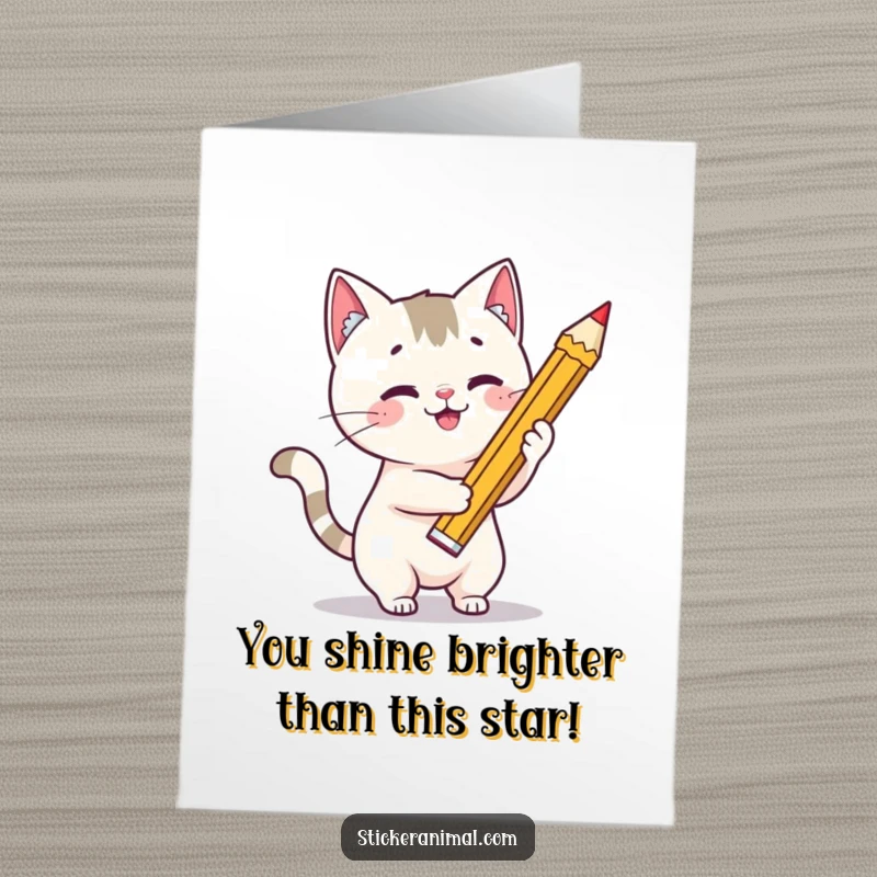 Funny Free Printable Birthday Card: A playful cat uses a huge pencil to draw a shining star.