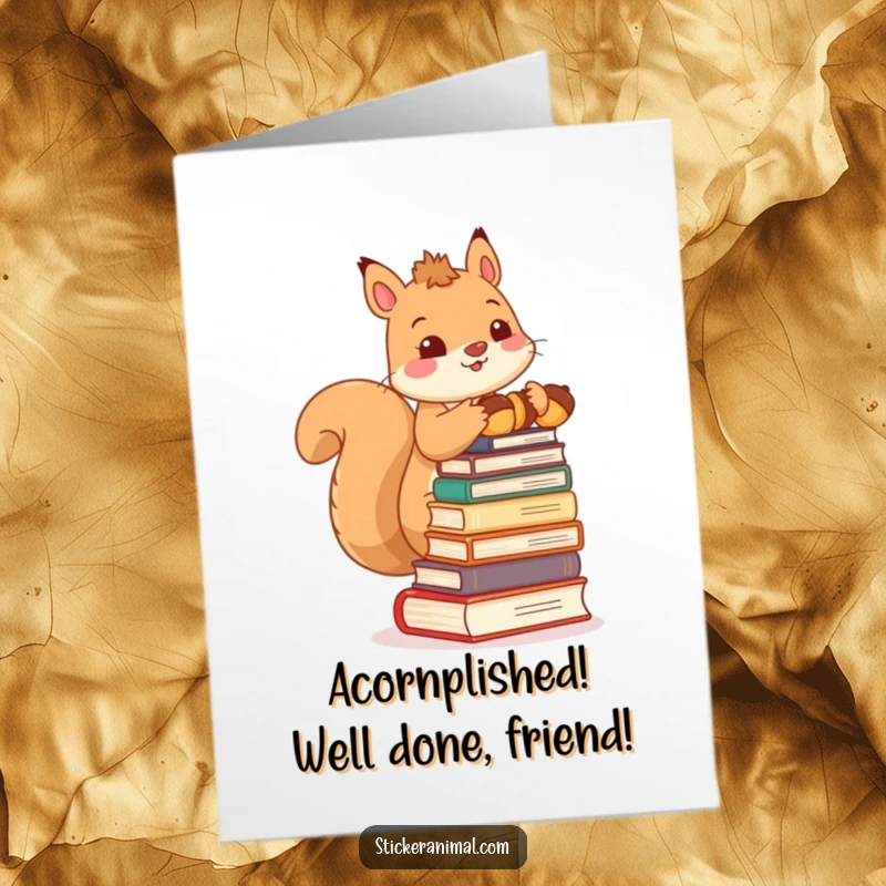 Funny free printable congratulations card: A charming squirrel balances acorn books, symbolizing achievement with humor.