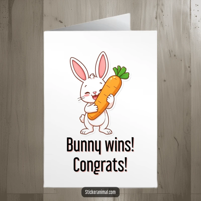 Funny Free Printable Congratulations Card: A happy bunny proudly displays a large carrot as a champion's trophy.