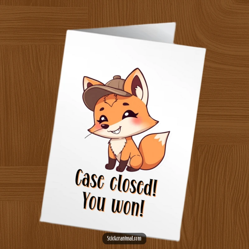 Free Printable Congratulations Card: A grinning fox detective wearing a hat sniffs the air, celebrating a solved mystery or achievement.
