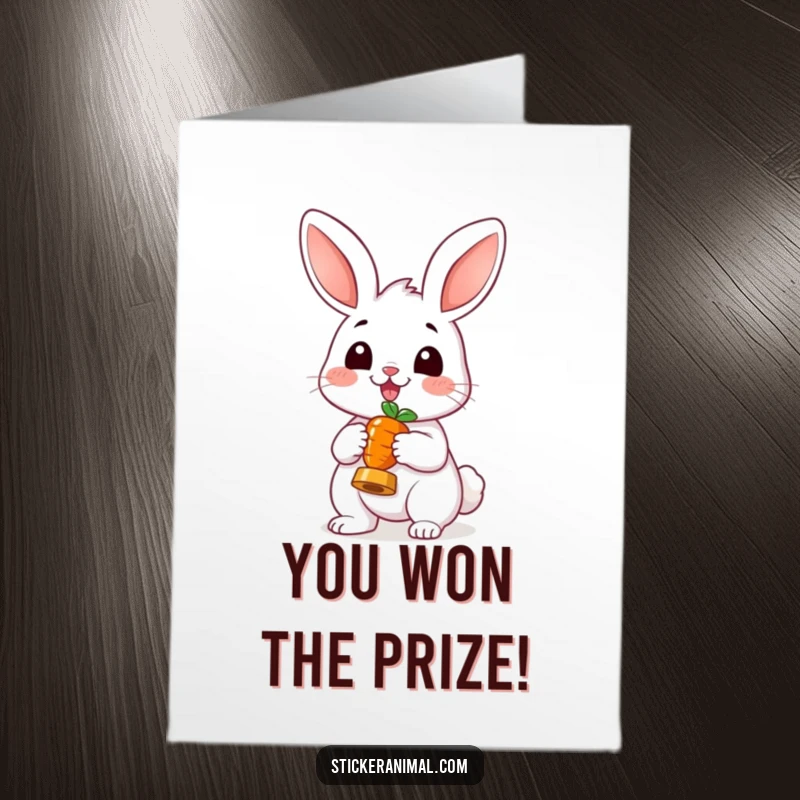 Funny Free Printable Congrats Card: A cheerful rabbit holding a tiny carrot like a trophy, celebrating a delicious victory.
