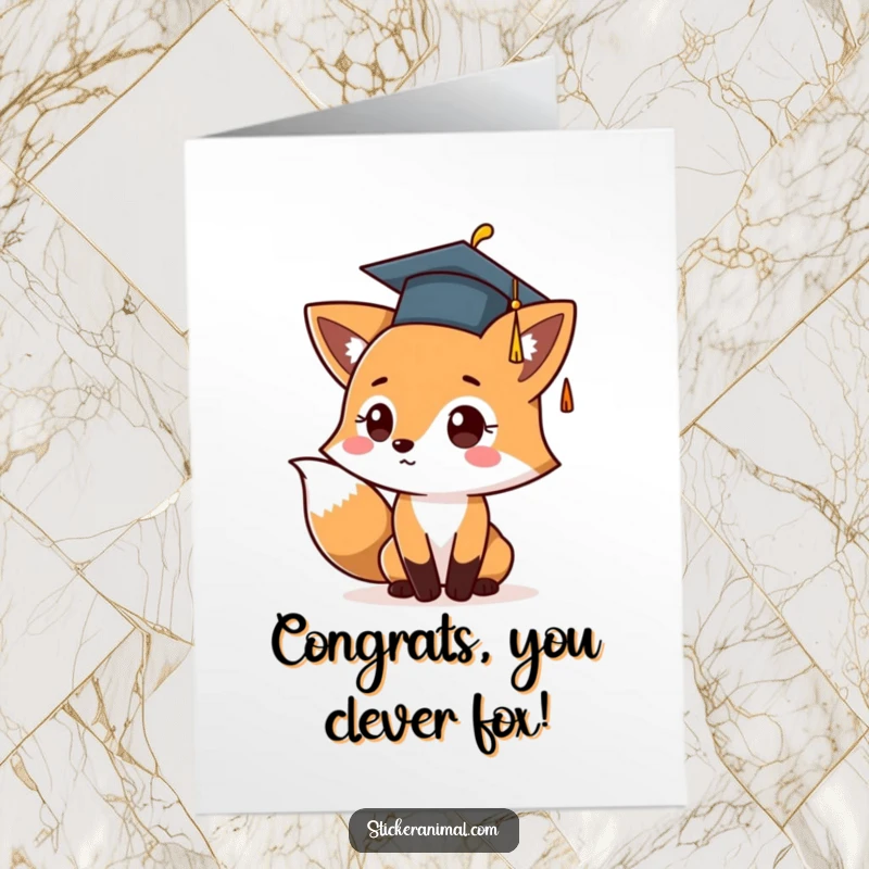 Funny Free Printable Congratulations Card: Adorable fox wearing a tiny graduation cap, gleefully tossing it upwards.