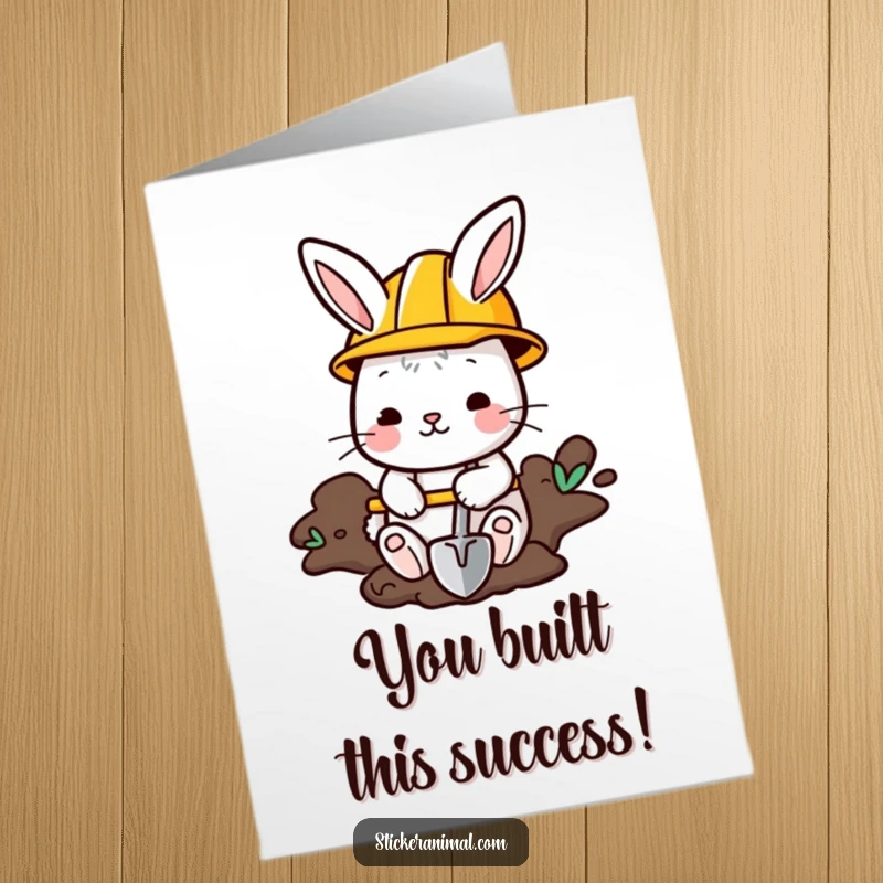 Funny free printable congratulations card: A bunny with a hard hat digs enthusiastically with a shovel. Great for new beginnings.