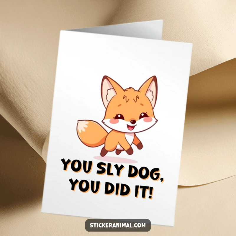Funny Free Printable Congratulations Card: A grinning fox happily chasing its tail, celebrating success with quirky, lighthearted amusement.