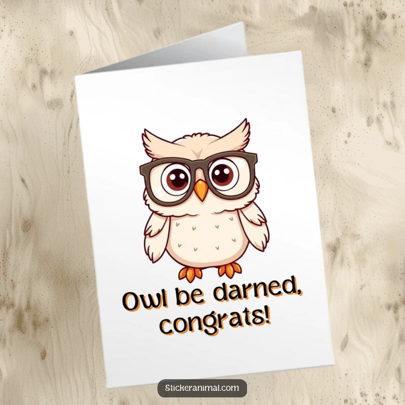 Funny Free Printable Congratulations Card: A wide-eyed owl with huge glasses expresses shock and delight at good news.