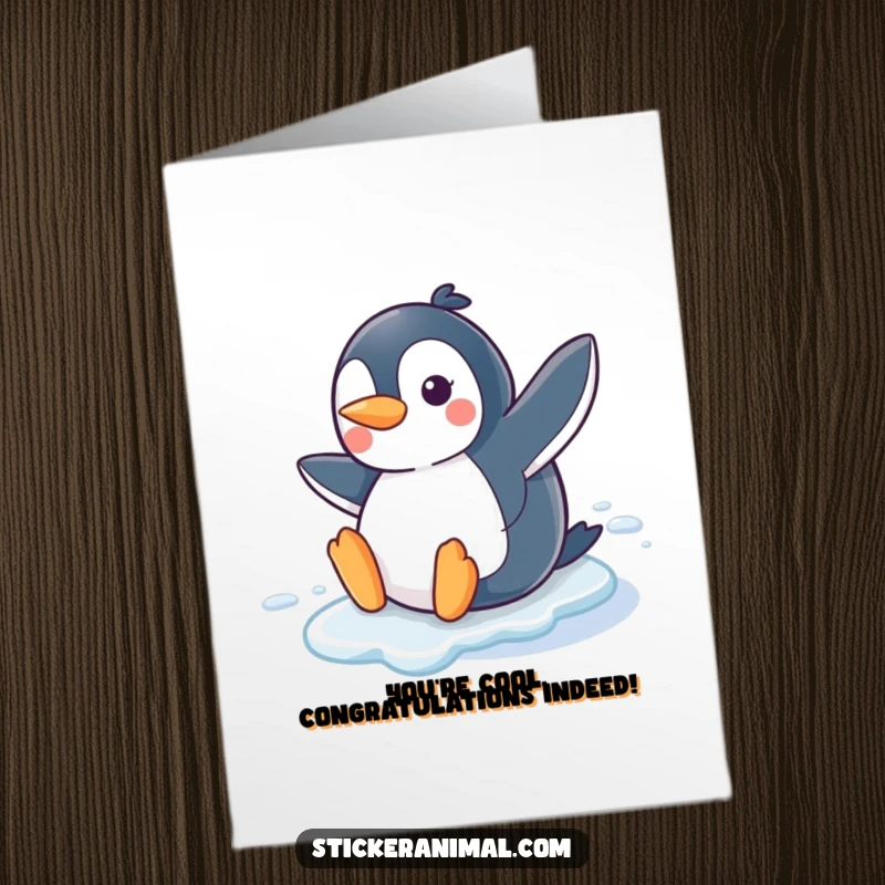 Funny Free Printable Congratulations card featuring a joyful penguin sliding smoothly on ice with a happy smile, celebrating achievements.