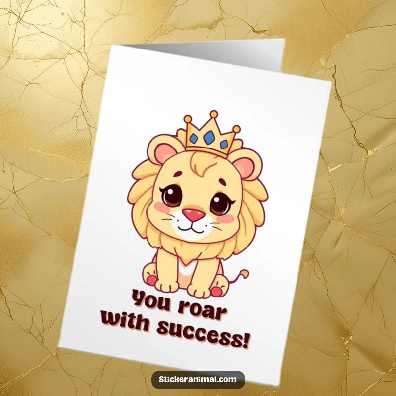 Funny Free Printable Congratulations Card: A cute lion with a small crown signifies a triumphant and majestic achievement.