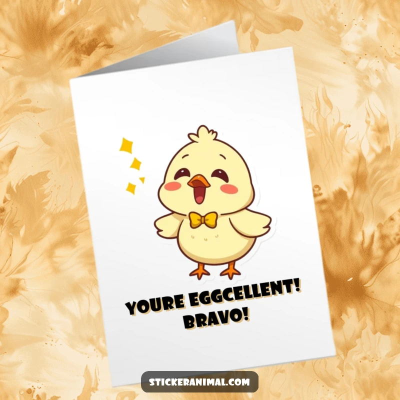 Funny Free Printable Congratulations Card: A sweet chick with a yellow bow, singing its loudest congrats for your achievement.
