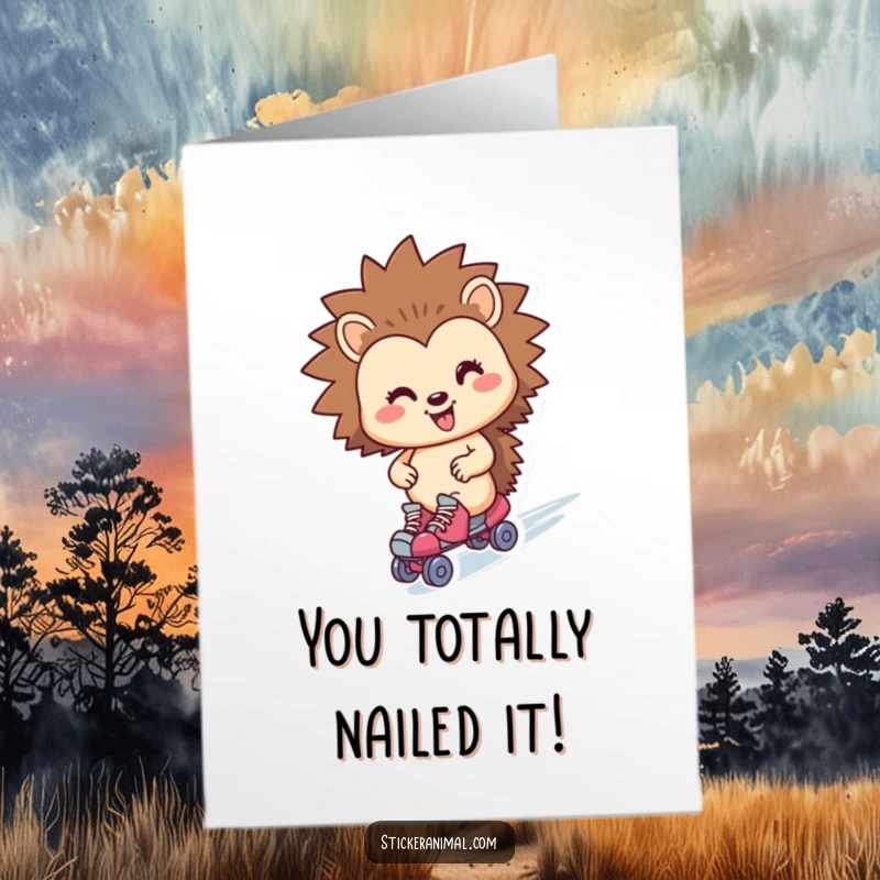 Funny Free Printable congratulations card featuring a smiling hedgehog skillfully roller skating, conveying speedy success and good wishes.