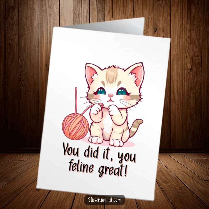 Funny Free Printable Congratulations Card: A curious kitten playing with yarn celebrates a job well done.