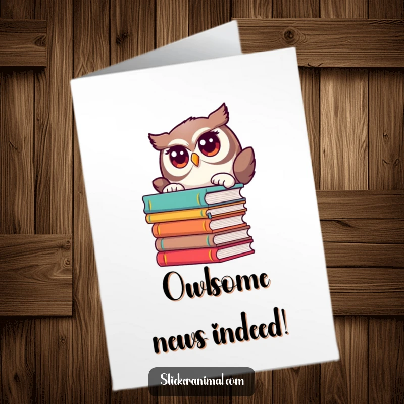 Funny free printable congratulations card with a curious owl peeking from books, celebrating wisdom and accomplishment with a humorous touch.