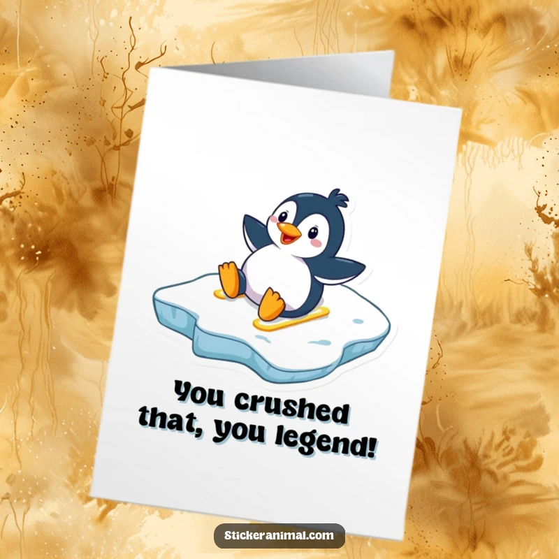Funny Free Printable Congratulations Card: A happy penguin speeds down an icy slope, celebrating a fantastic win with pure joy.