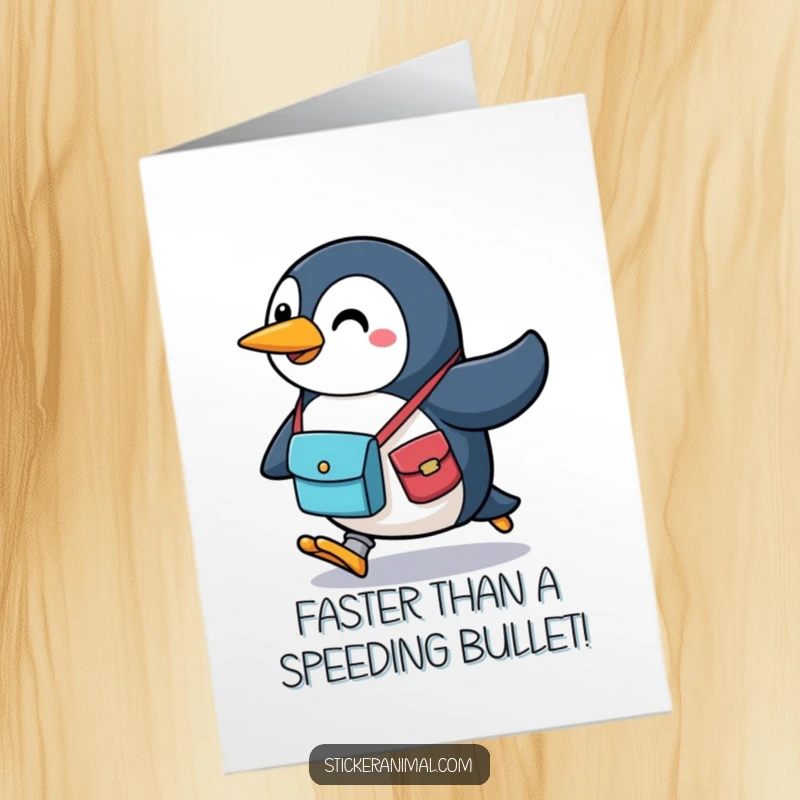 Funny Free Printable Congratulations Card: A cheerful penguin with a messenger bag sprinting towards success, celebrating a big win.
