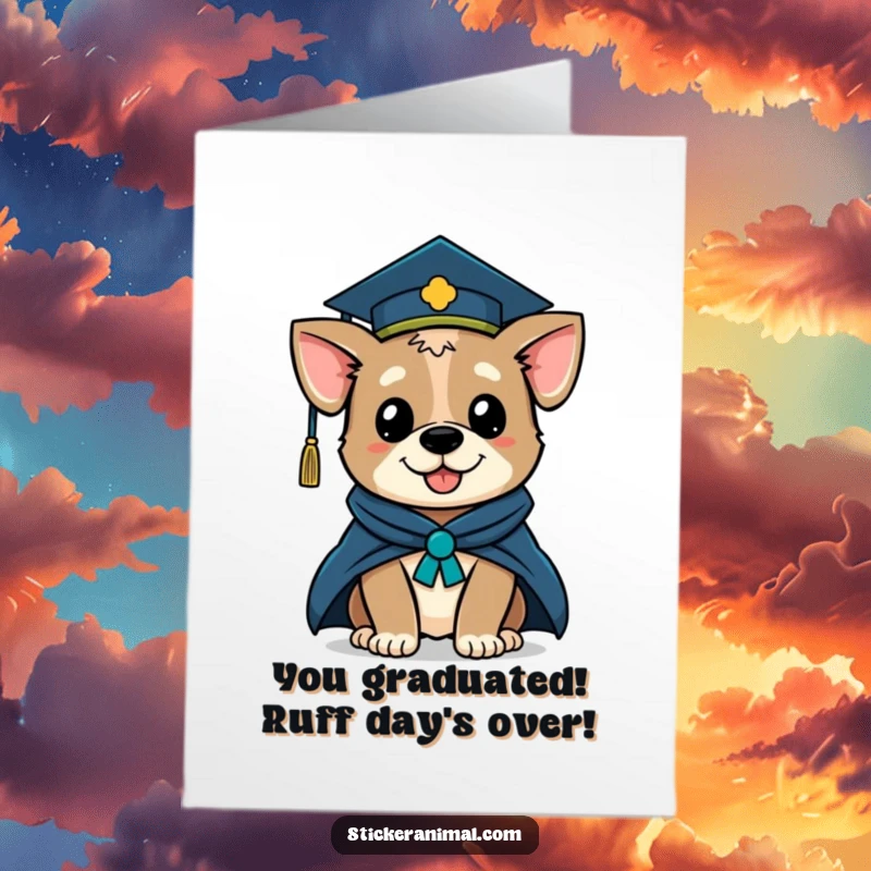 Funny free printable congratulations card: A dog in graduation attire winks, celebrating academic achievement.