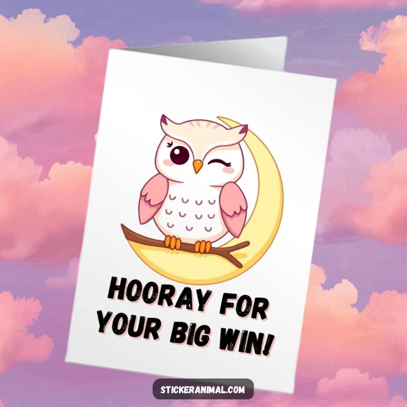 Funny Free Printable Congratulations Card: A cheerful winking owl on a crescent moon, celebrating success with a knowing smirk.