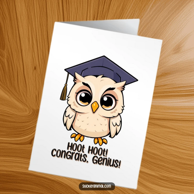 Funny Free Printable Congratulations Card: A wide-eyed owl in a graduation cap looking utterly astonished at its own success.