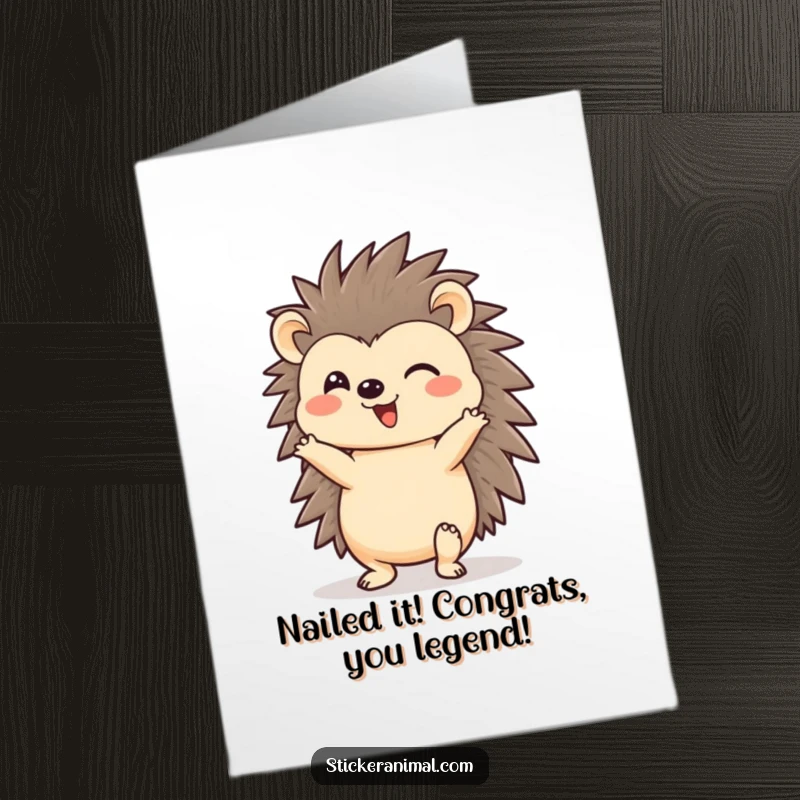 Funny Free Printable Congratulations Card: Cheerful hedgehog doing a headstand, celebrating your success with a quirky pose.