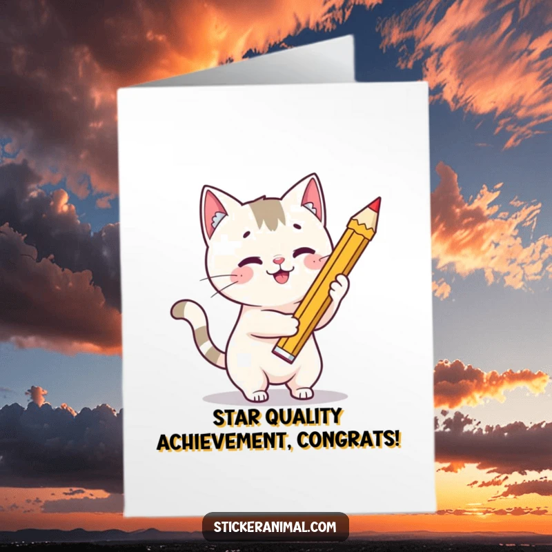 Free Printable Congratulations Card: A charming cat artist draws a brilliant star with a giant pencil.