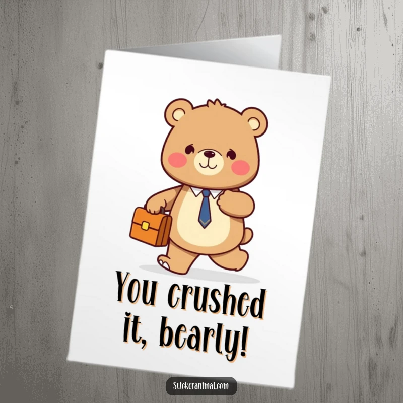 Funny Free Printable Smiling Bear Holding Briefcase Walking Card - Business bear congratulates success.
