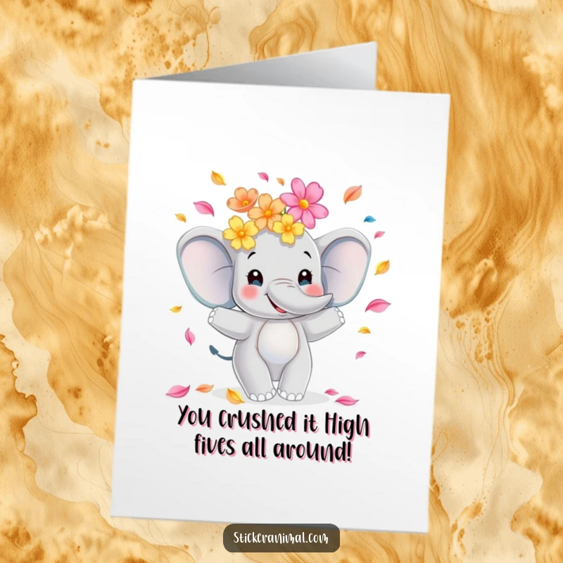 Funny Free Printable Congratulations Card: A joyful elephant juggling colorful flower petals, celebrating a major win with a smile.
