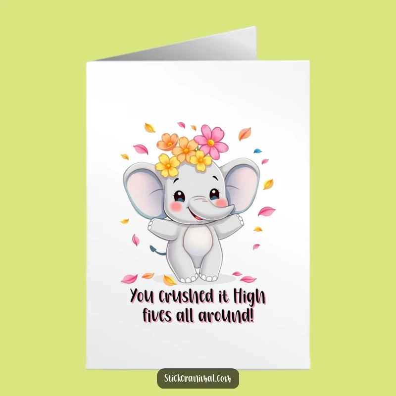 Free Printable Elephant Congrats Card: Juggling Petals for a Winning, Funny Downloadable Gift