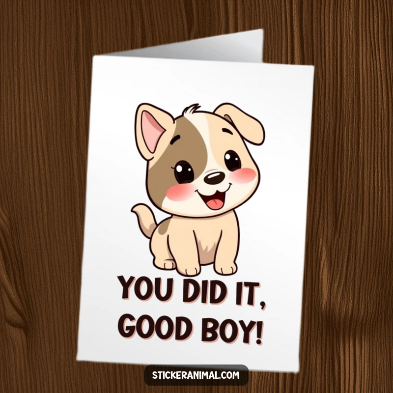 Funny Free Printable Congrats Card: An ecstatic dog character with its tail a blur, celebrating good news joyfully.