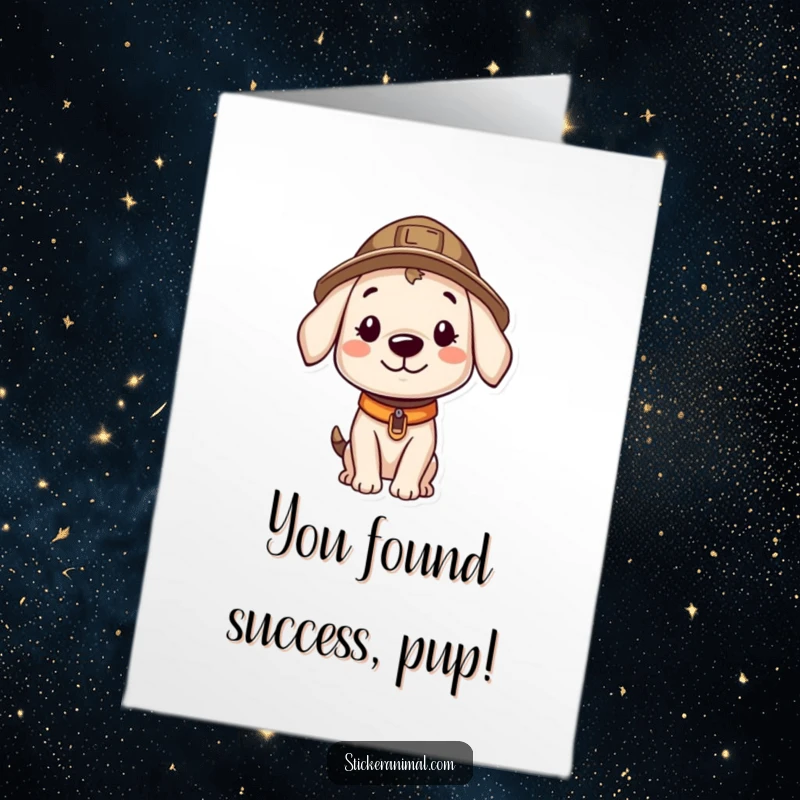 Funny Free Printable Congratulations Card: A smiling puppy wearing an explorer hat, looking around with curiosity.
