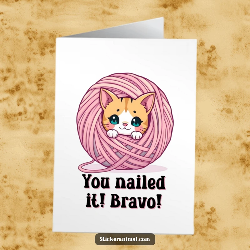 Free Printable Congratulations Card: A curious cat emerges from a giant yarn ball, perfectly suited for feline-themed celebrations.