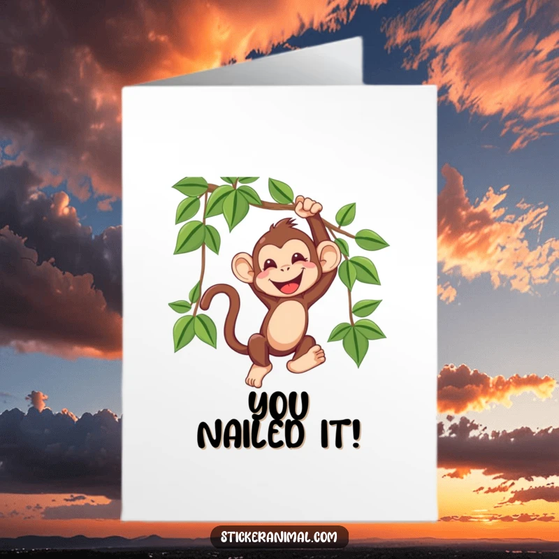 Funny Free Printable Congratulations Card: A happy monkey mid-swing, letting out a hearty giggle, celebrating success with jungle flair.