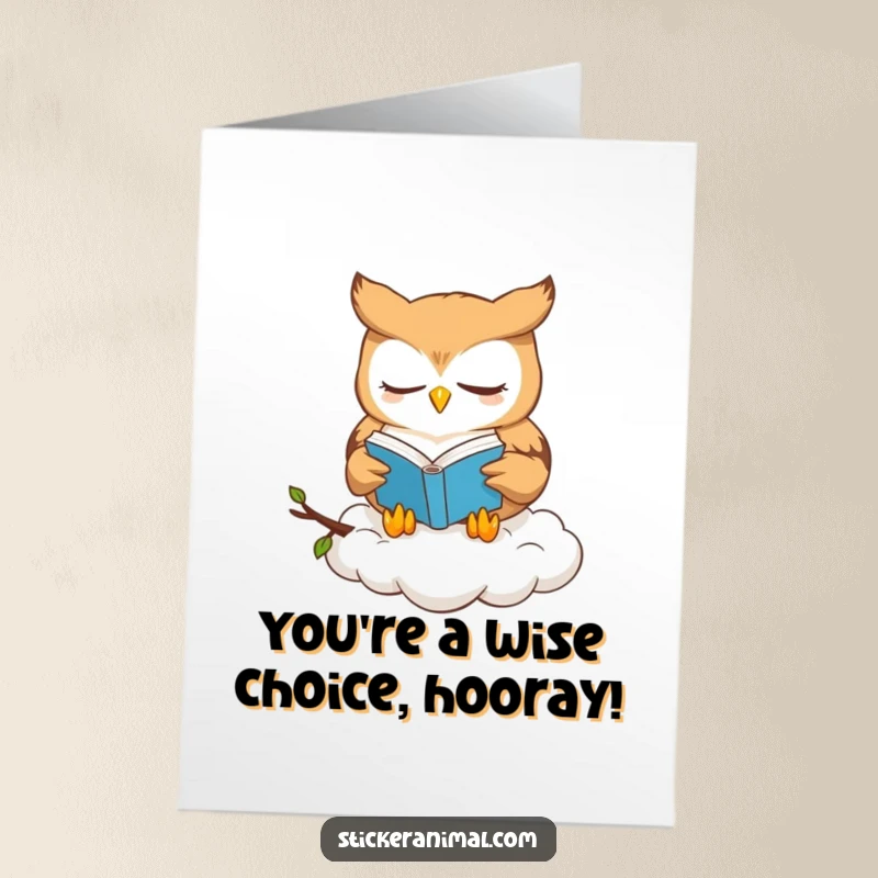 Free Printable Congratulations Card: A studious owl reads intently, perched serenely on a cloud.