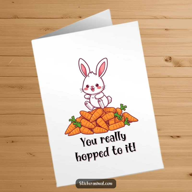 Funny Free Printable Congrats Card: A cheerful rabbit character joyfully hopping over a plentiful pile of carrots.