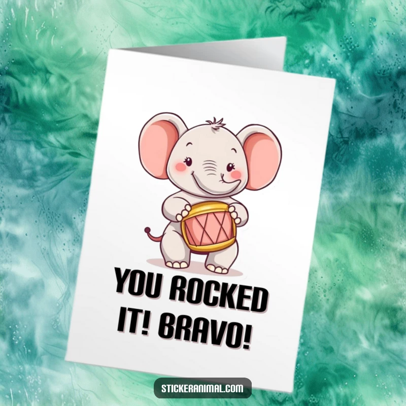 Funny Free Printable Congratulations Card: A happy elephant enthusiastically playing a small drum, celebrating success.