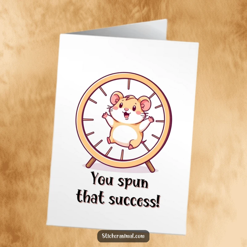 Funny Free Printable Congrats Card: A determined hamster character powering through a giant spinning wheel with excitement.