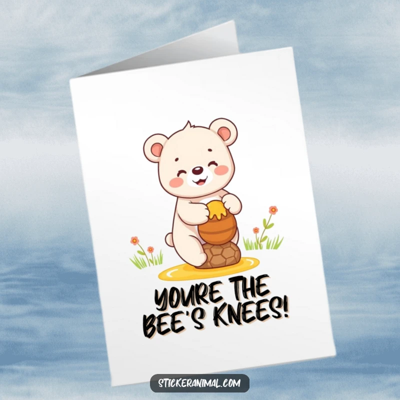 Funny Free Printable Congratulations Card: A happy bear cub beams while balancing a pot overflowing with delicious honey.